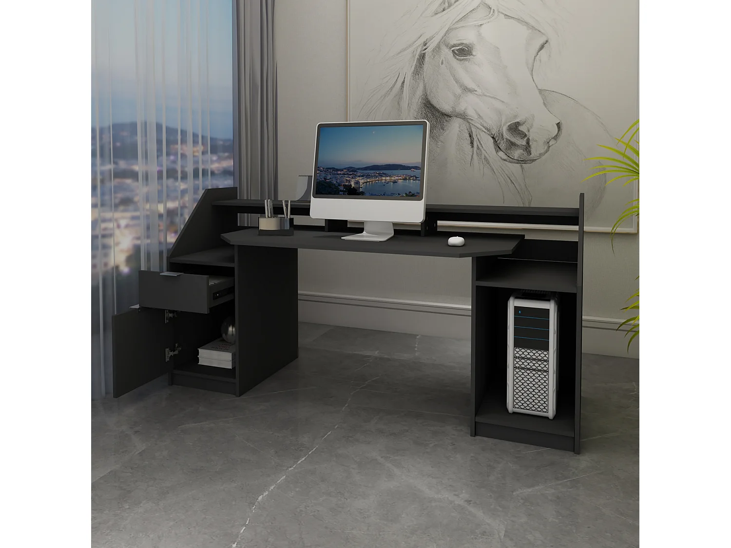 Escritorio ordenador portátil madera negro MDF melamina ML-DESIGN