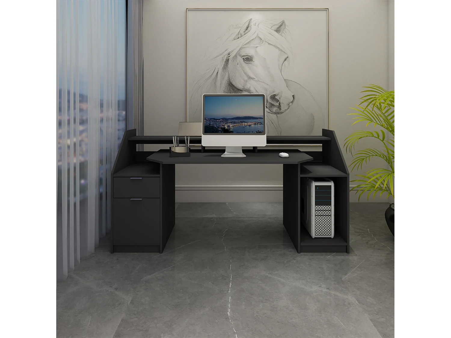 Escritorio ordenador portátil madera negro MDF melamina ML-DESIGN