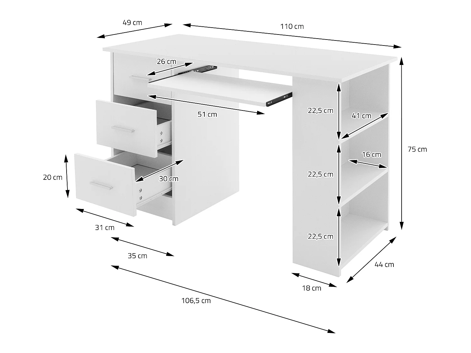 Escritorio con 3 estantes de almacenamiento blanco PC  ML-DESIGN