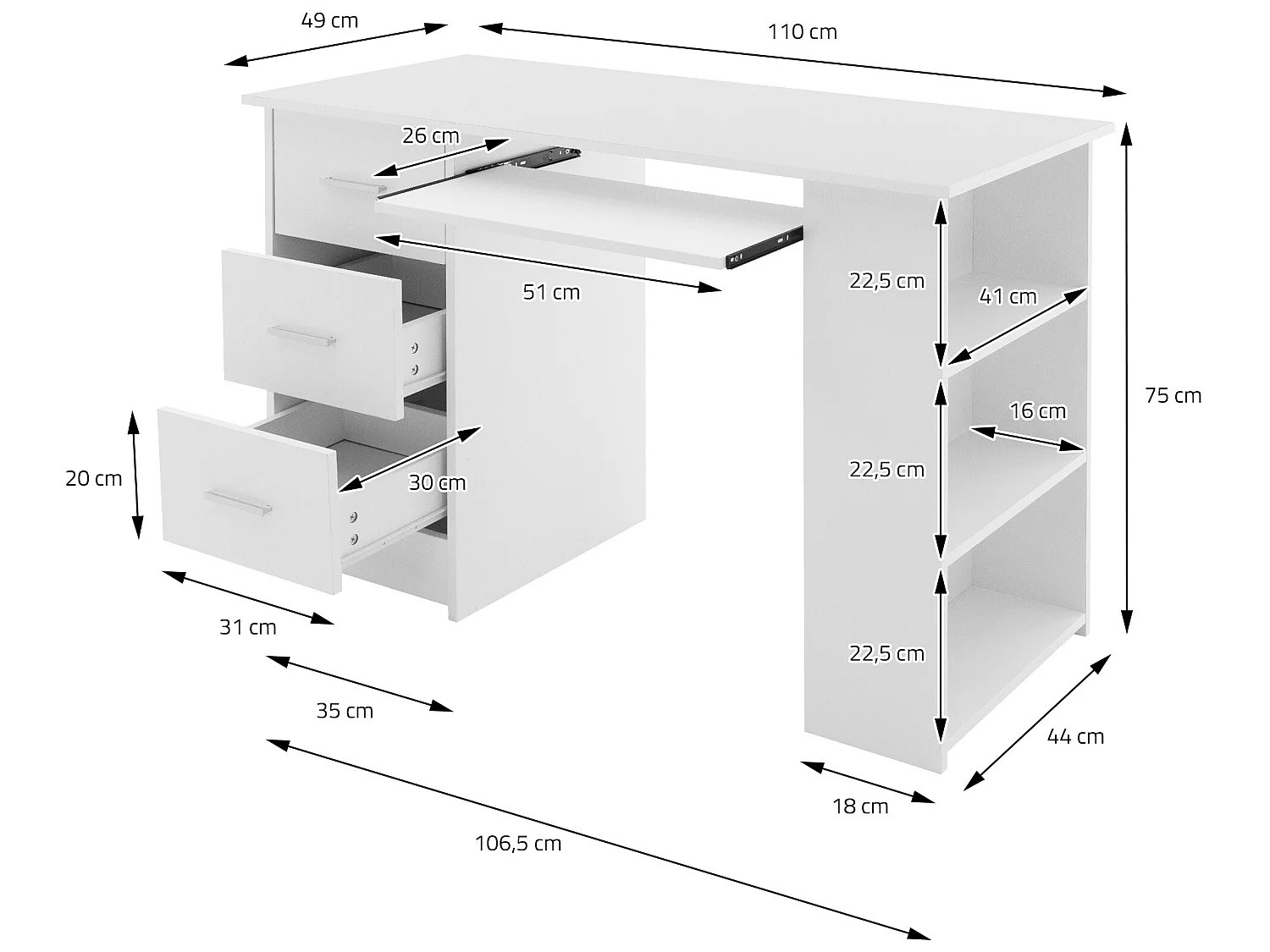 Bureau avec 3 étagères de rangement bureau pour PC blanc système ML-DESIGN