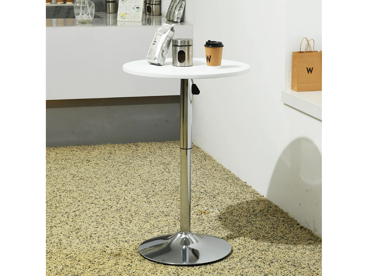 Table Bar Pub Ronde Hauteur Réglable Blanche avec Base Chrome 60-90cm