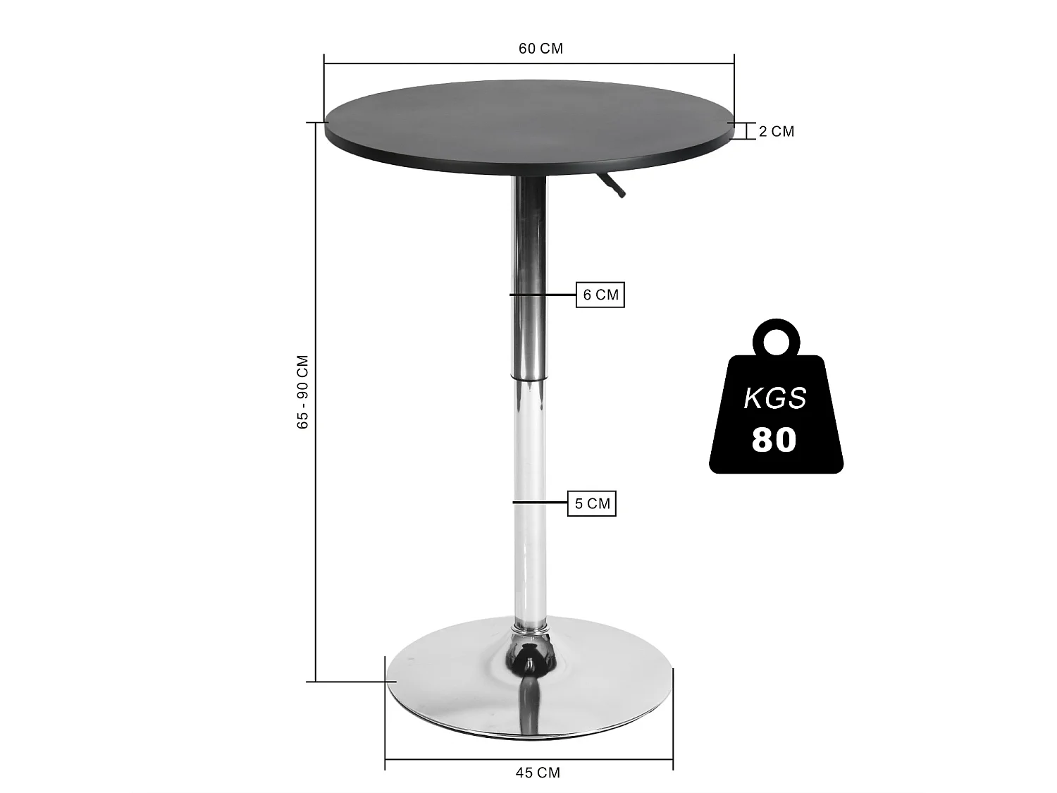 Table Bar Pub Ronde Hauteur Réglable Blanche avec Base Chrome 60-90cm