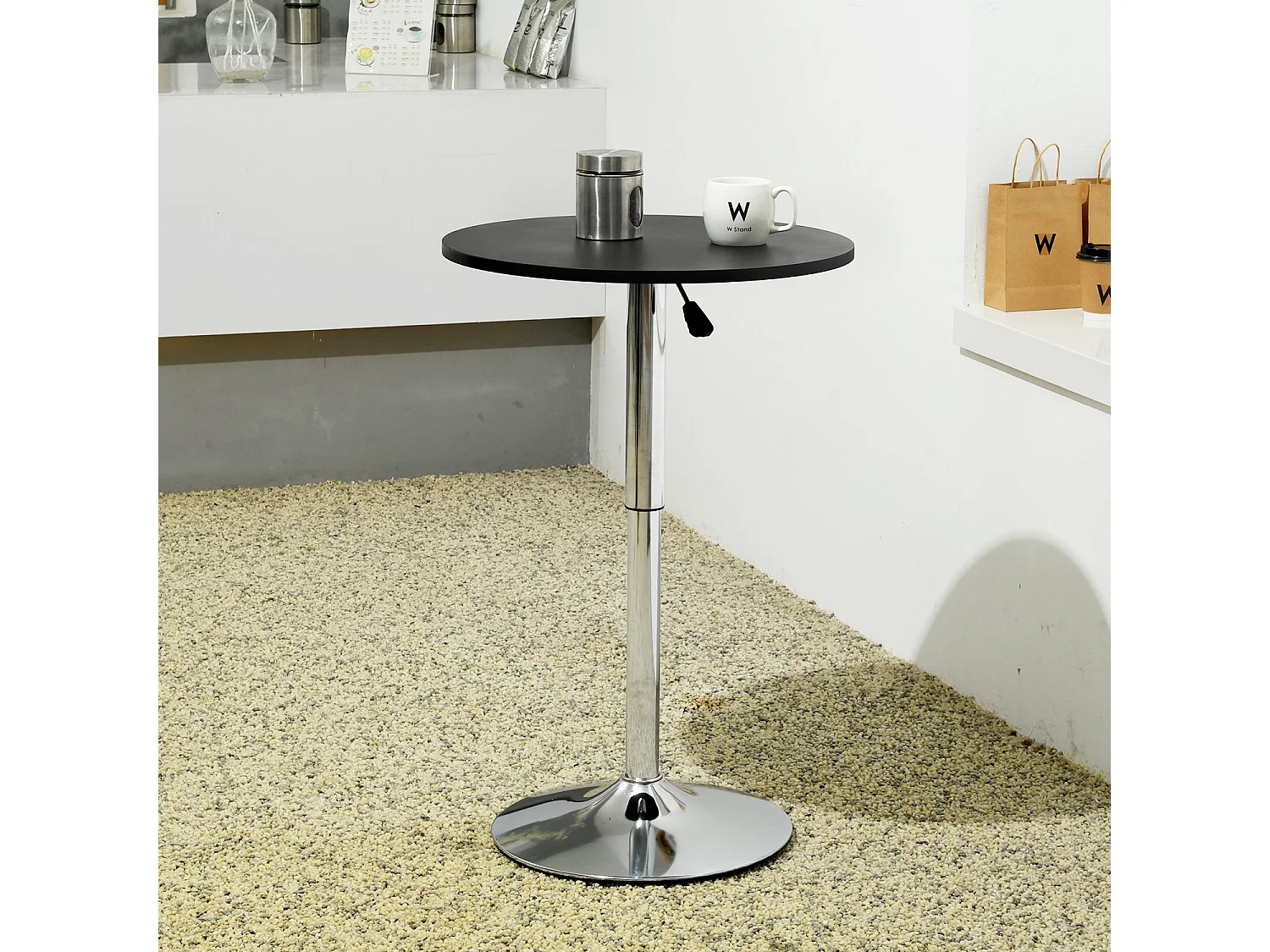Mesa de bar redonda blanca de altura ajustable con base cromada de 60-90 cm