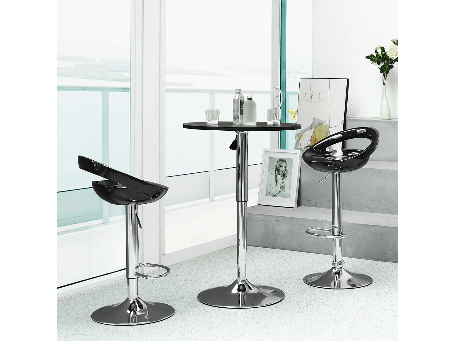 Mesa de bar redonda blanca de altura ajustable con base cromada de 60-90 cm