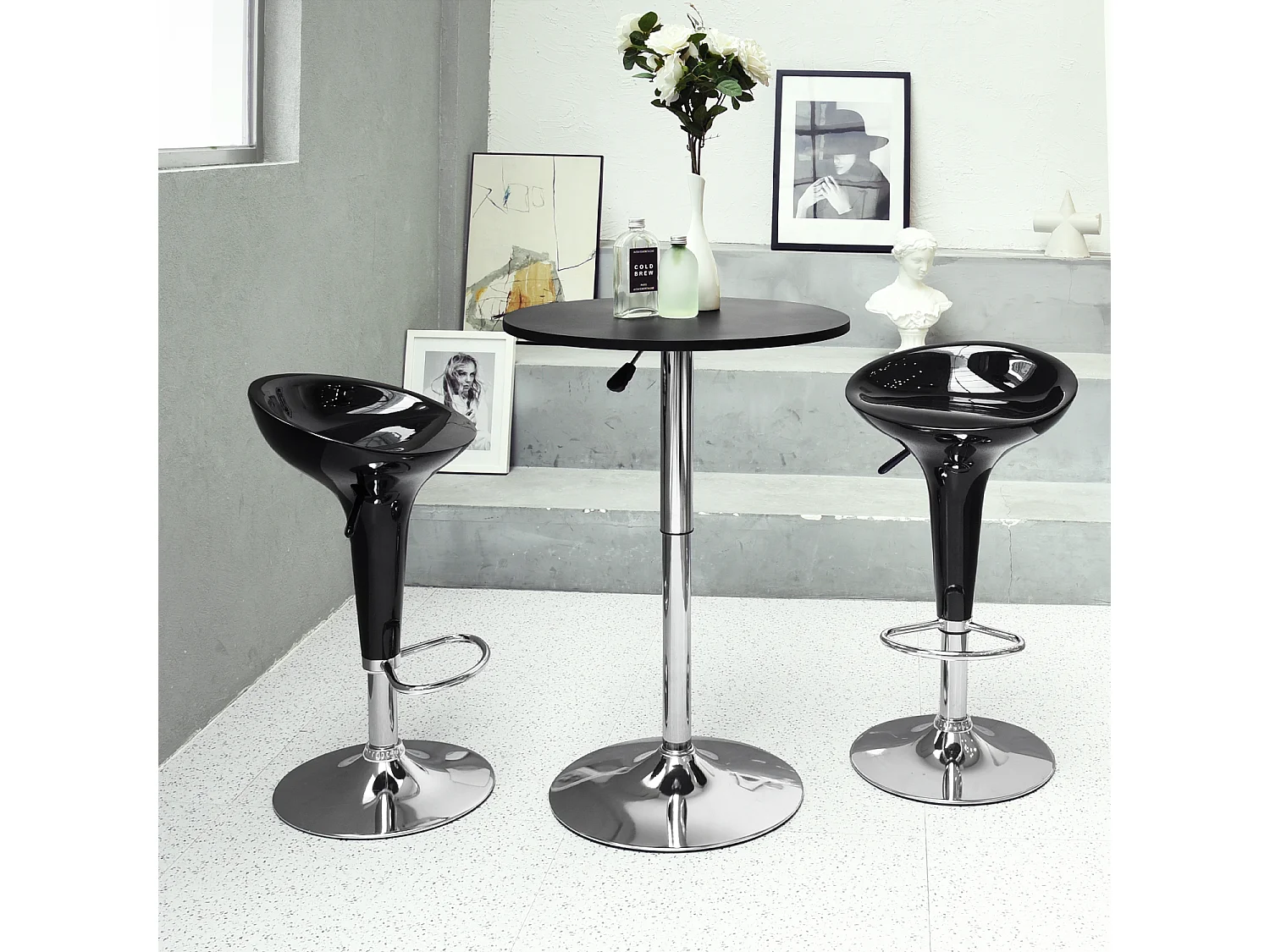 Mesa de bar redonda blanca de altura ajustable con base cromada de 60-90 cm