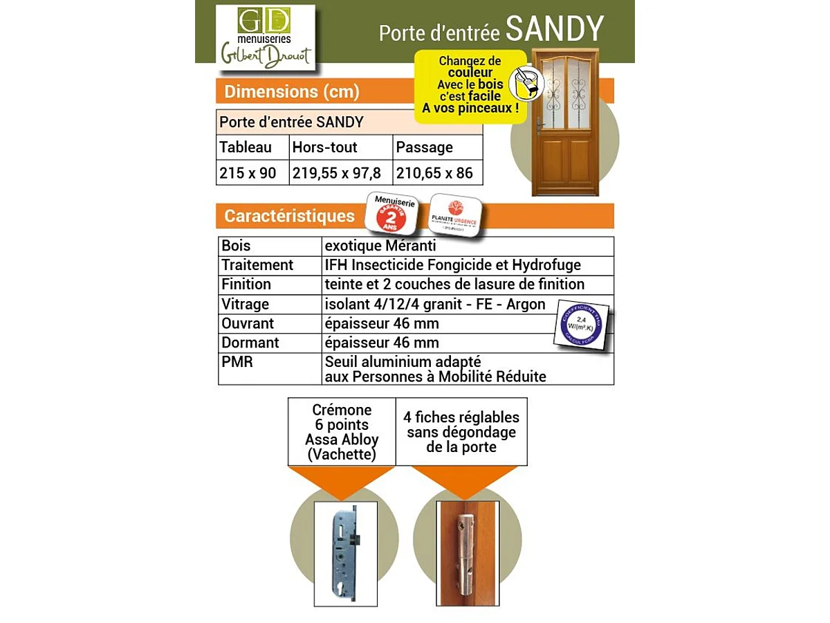 Porte d'entree Bois vitree, Sandy, H,215xl,90  p, droit Cote Tableau