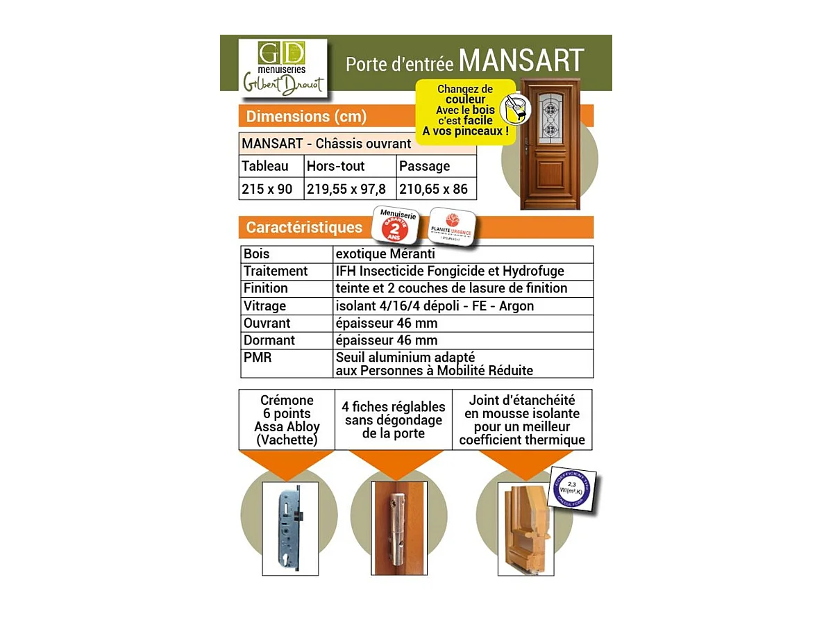 Porte d'entree Bois vitree, Tahi 4, H,215xl,90  p,gauche Cotes Tableau