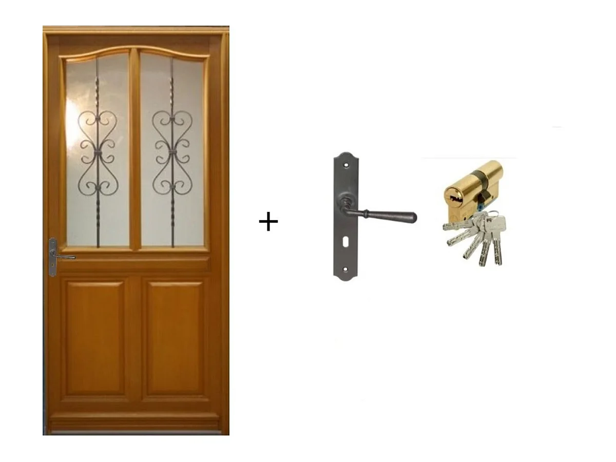 Porte d'entree Bois vitree, Sandy, H,215xl,90  p, droite Cote Tableau + Poignee Et Barillet (ref 010403FP)