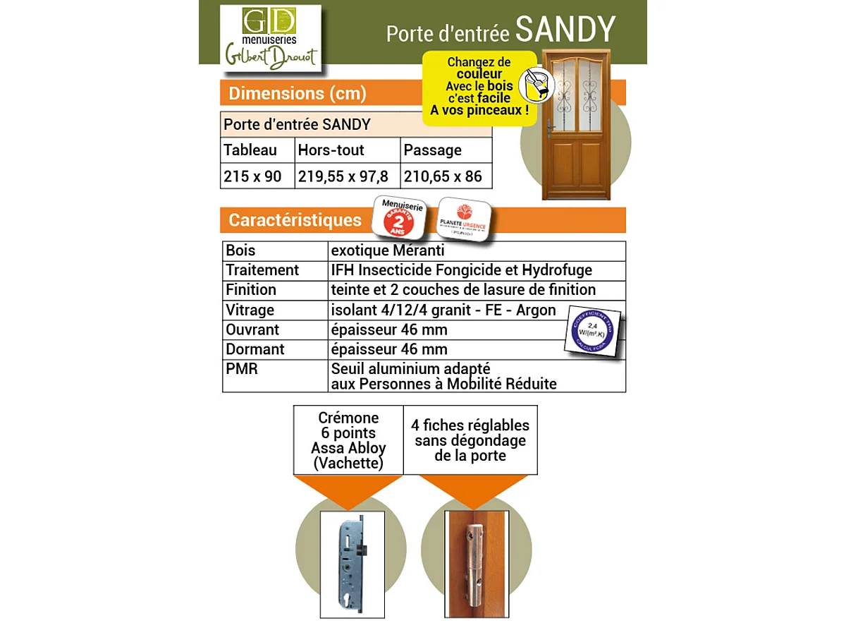 Porte D'entrée Bois Vitrée Sandy, H.215xl.90 Côte Tableau P.gauche , Poignée, Barillet Gd Menuiseries