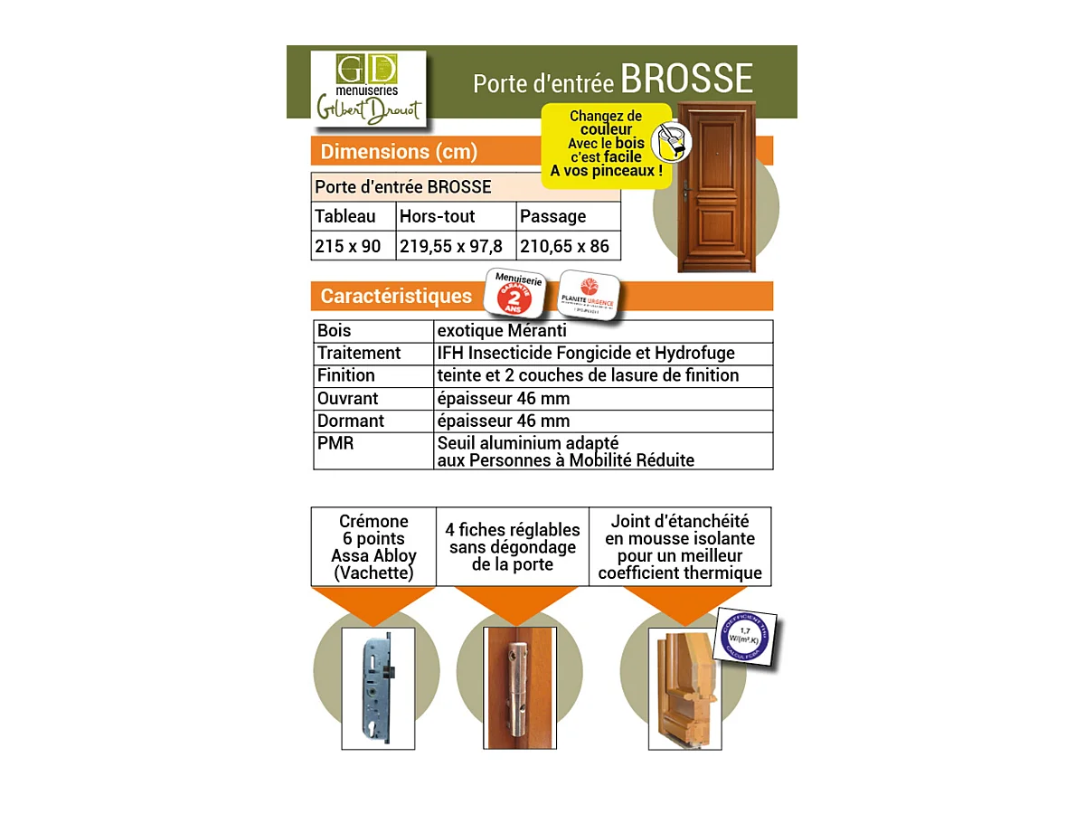 Porte d'entree Bois pleine, Tahi 1, H,215xl,90  p, droit Cotes Tableau