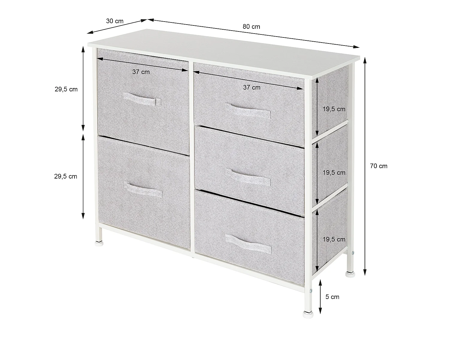 Commode de chambre avec 5 tiroirs tissu amovibles blanc 80x30x70 cm ML-DESIGN