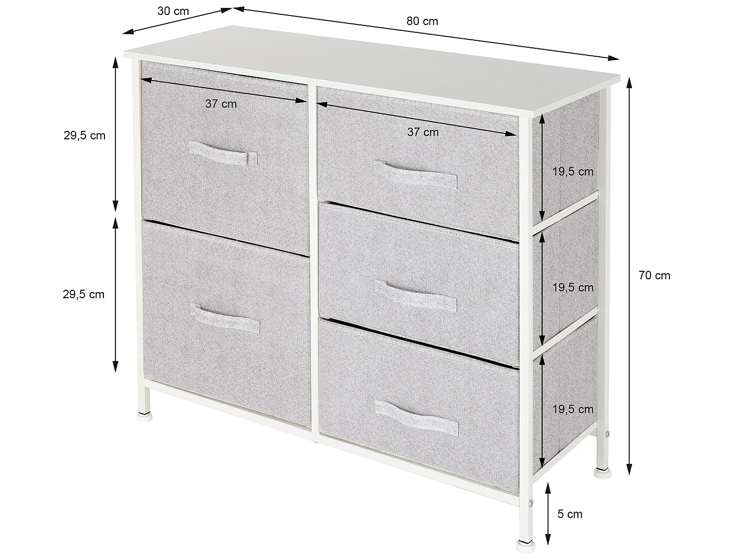 Commode de chambre avec 5 tiroirs tissu amovibles blanc 80x30x70 cm ML-DESIGN