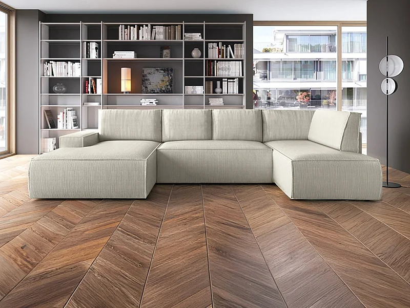 Grande divano letto panoramico in Velluto a coste Beige - Angolo a sinistra - AMELIA