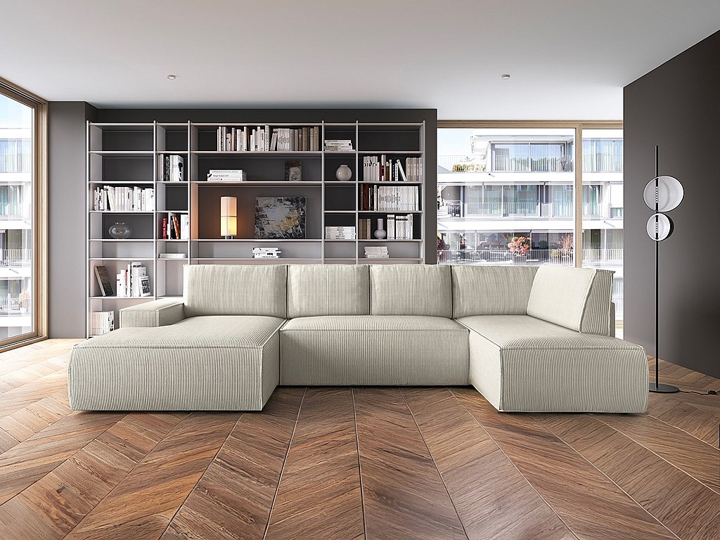 Große Wohnlandschaft - Ecke links - Mit Schlaffunktion - Cord - Beige - AME günstig online kaufen