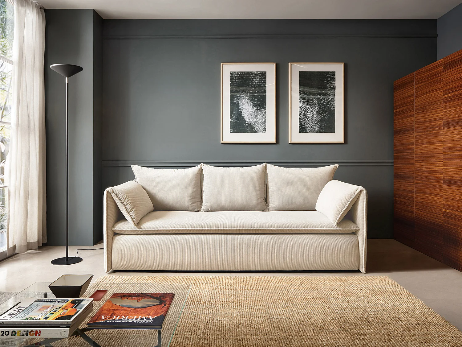 3-sits bäddsoffa beige finspårig manchester TEODORA