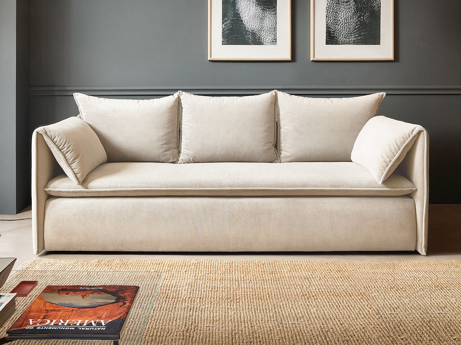 3-seters sovesofa i beige kordfløyel TEODORA