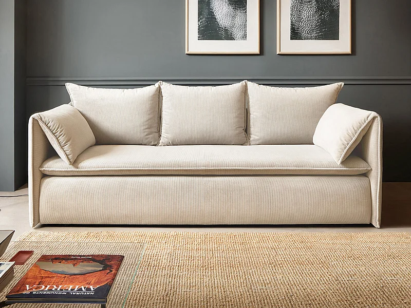 Uitklapbare driezitsbank van beige ribfluweel met fijne ribbels TEODORA van PASCAL MORABITO