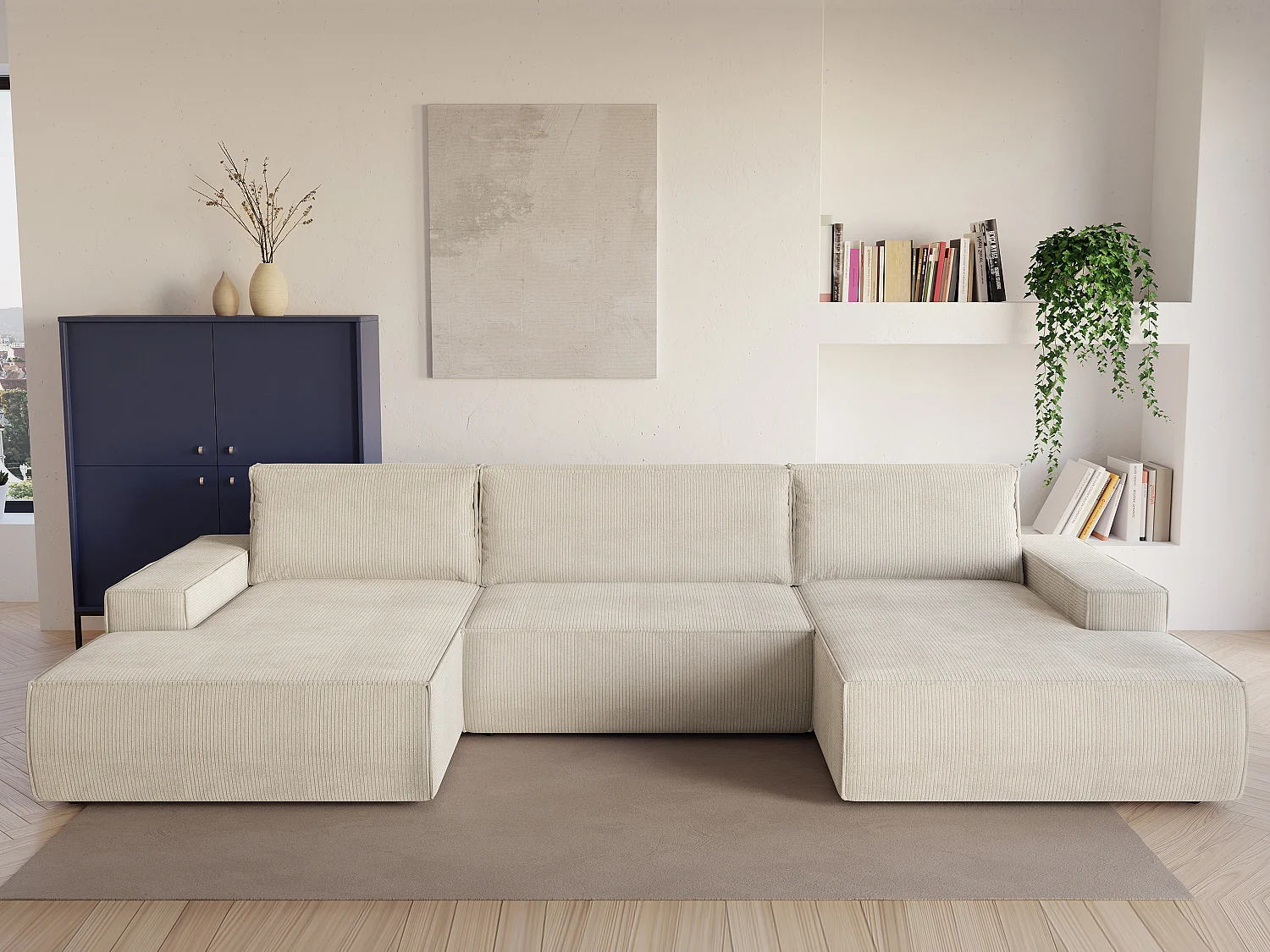 XXL hoekslaapbank van beige ribfluweel AMELIA