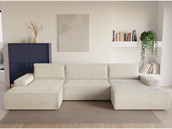 Große Wohnlandschaft mit Schlaffunktion - Cord - Beige - AMELIA