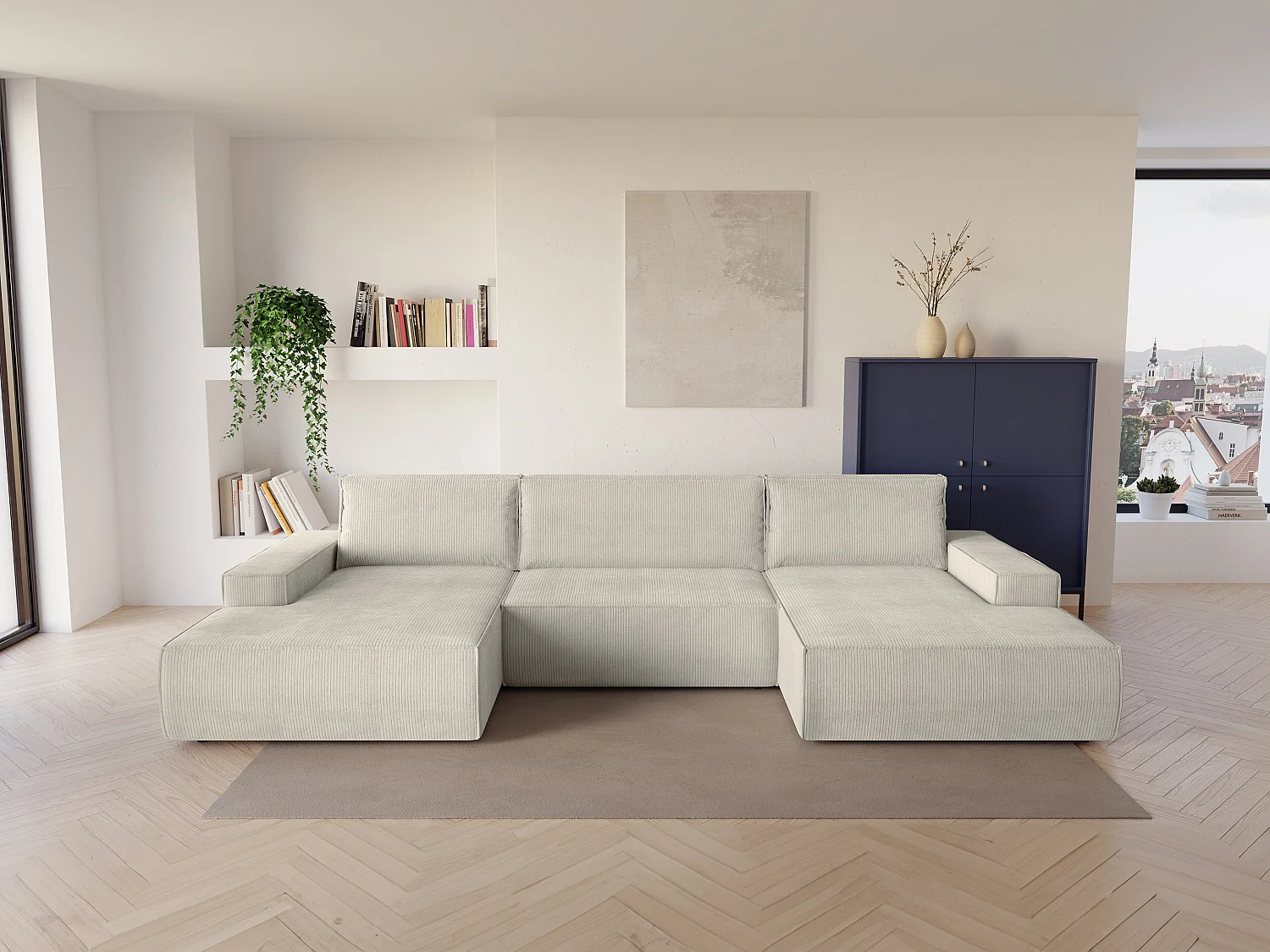 Stor panoramisk hjørnesofa i beige fløjl med sovefunktion AMELIA