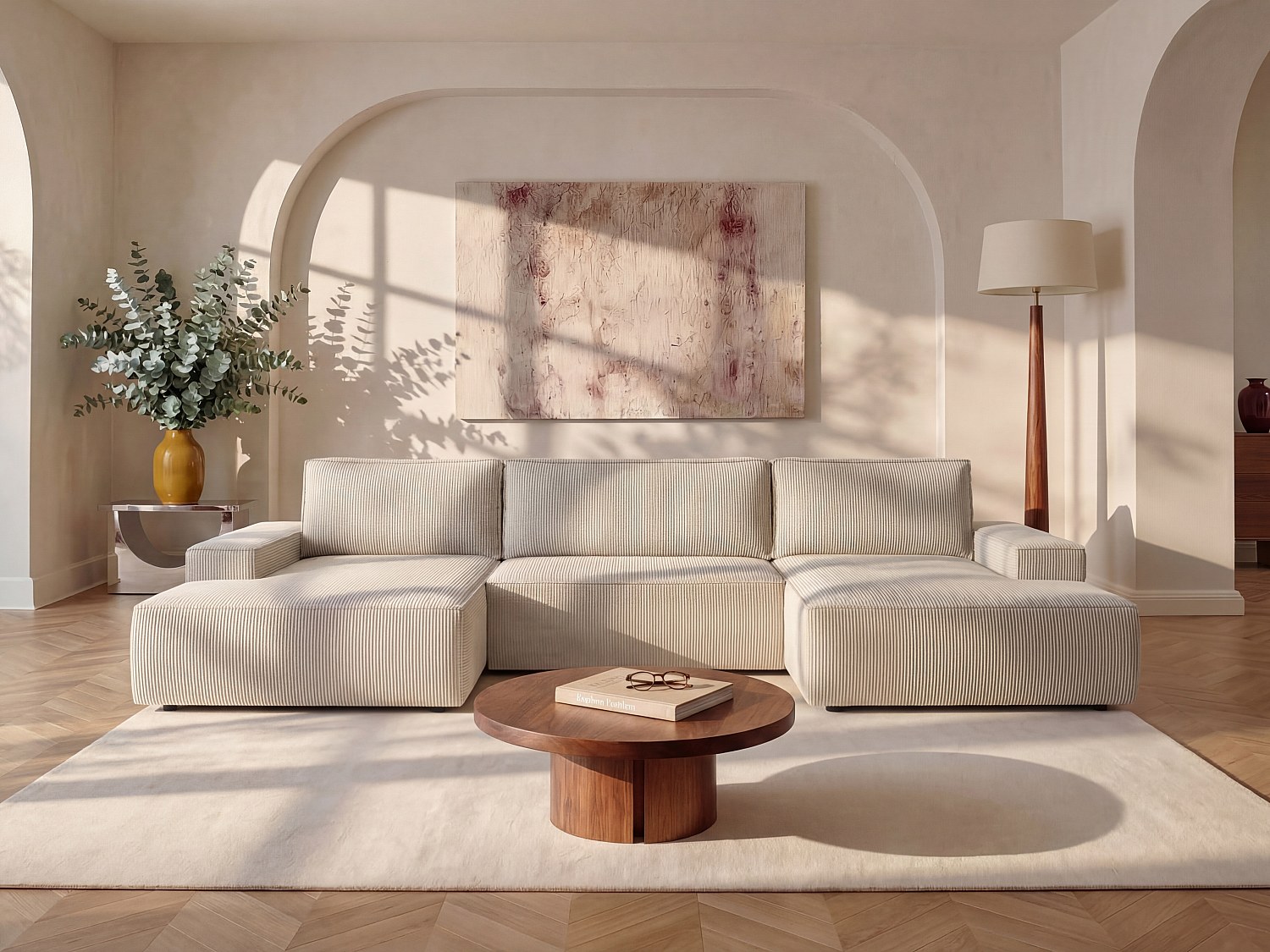 Große Wohnlandschaft mit Schlaffunktion - Cord - Beige - AMELIA günstig online kaufen