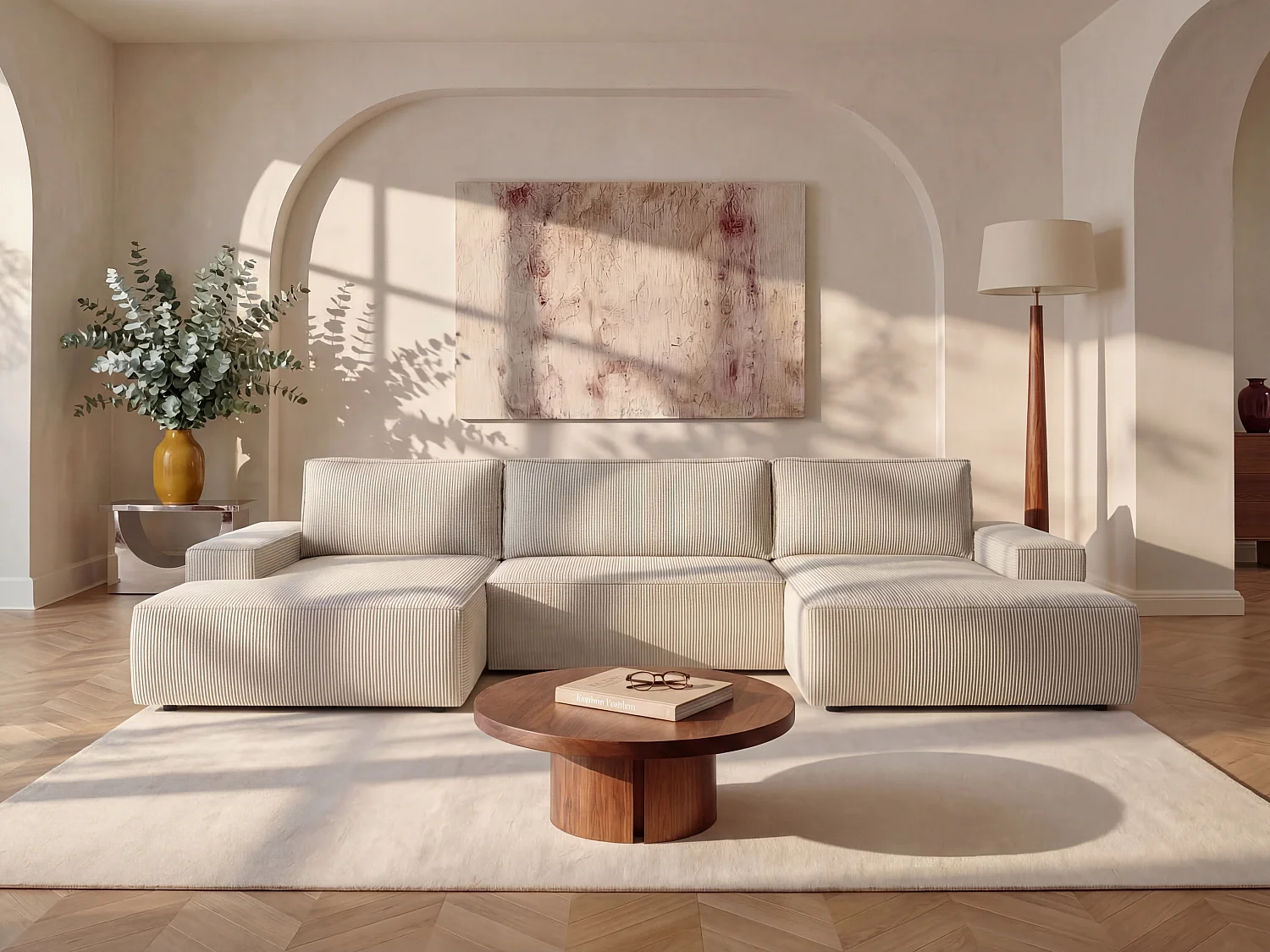 Große Wohnlandschaft mit Schlaffunktion - Cord - Beige - AMELIA