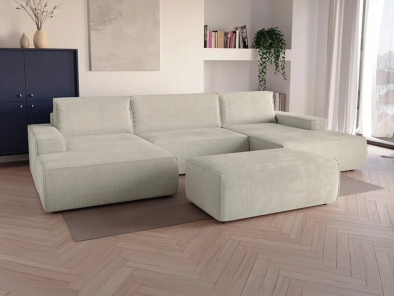 Stor panoramisk hjørnesofa i beige fløjl med sovefunktion AMELIA