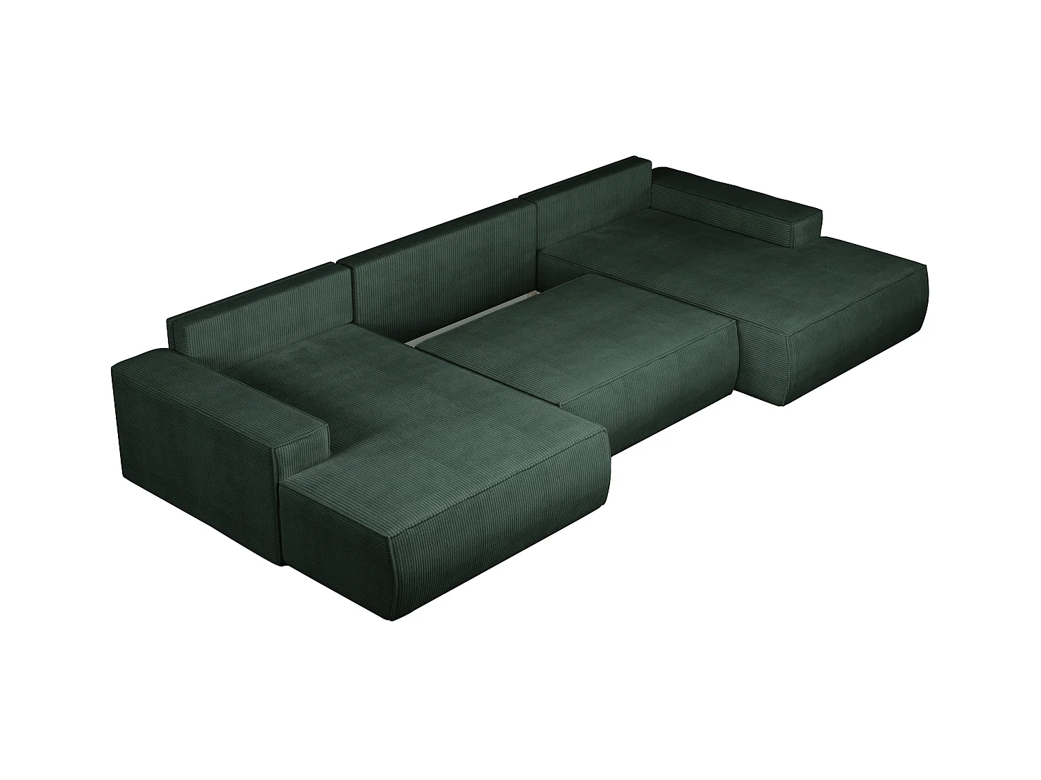 Duża kanapa narożna rozkładana panoramiczna z butelkowo zielonego sztruksu AMELIA