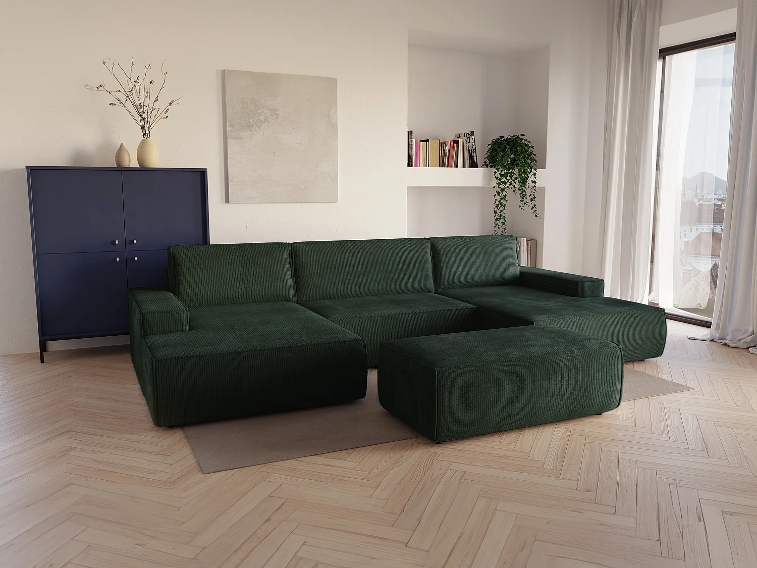Grand canapé d'angle panoramique convertible en velours côtelé vert sapin AMELIA