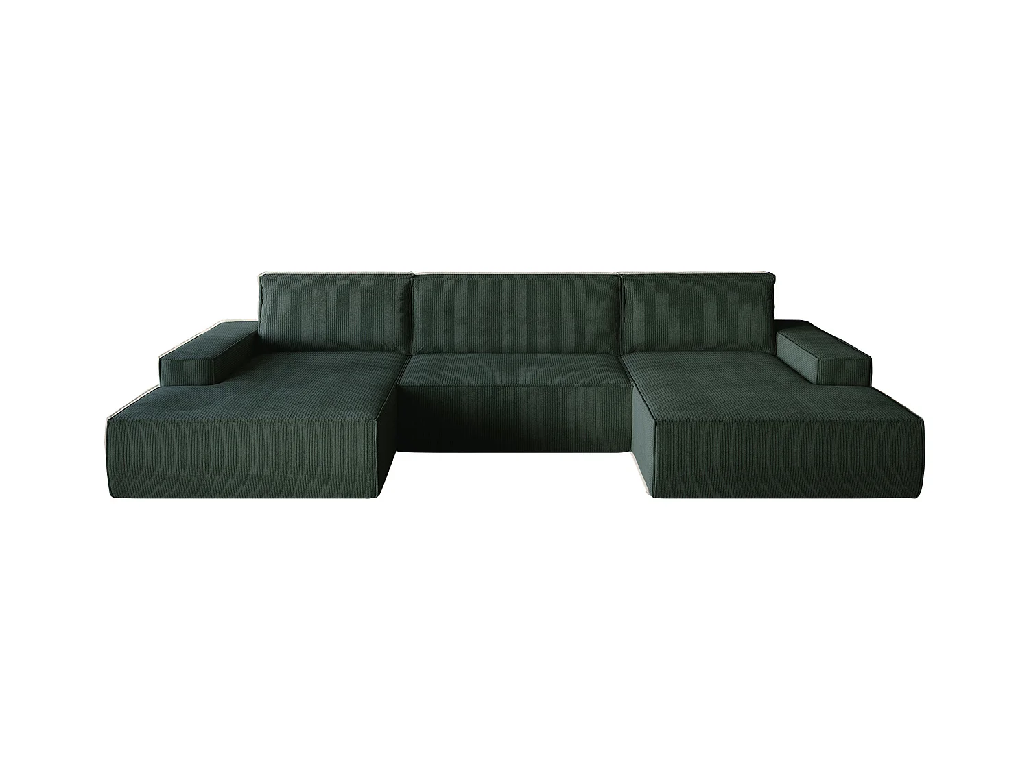 Duża kanapa narożna rozkładana panoramiczna z butelkowo zielonego sztruksu AMELIA