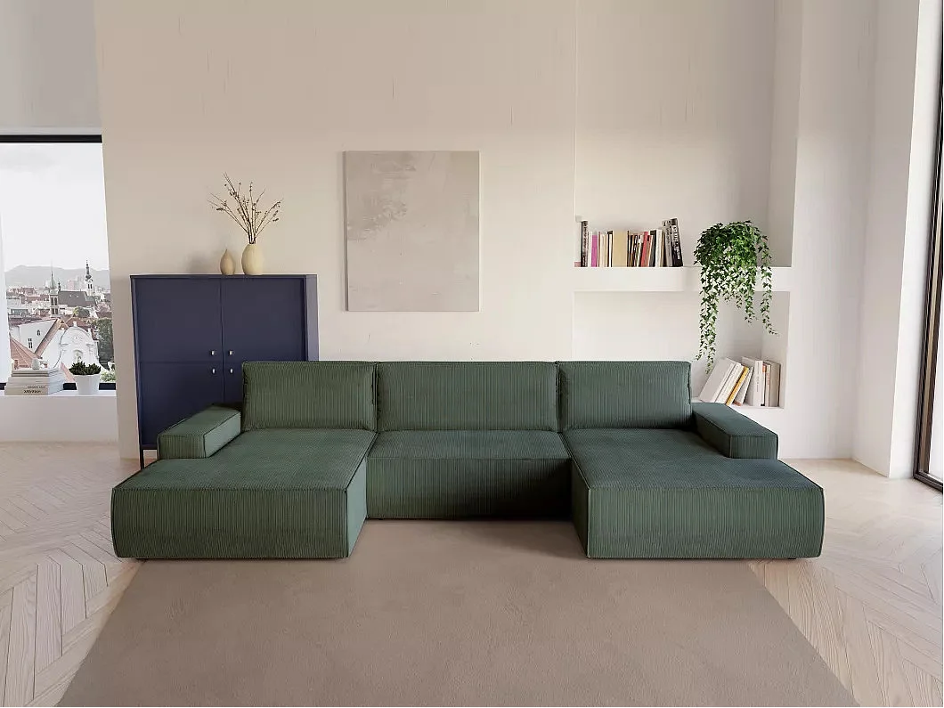 Grande sofá de canto panorâmico convertível em veludo canelado verde abeto abeto - AMELIA