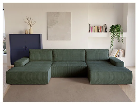 Große Wohnlandschaft mit Schlaffunktion - Cord - Tannengrün - AMELIA