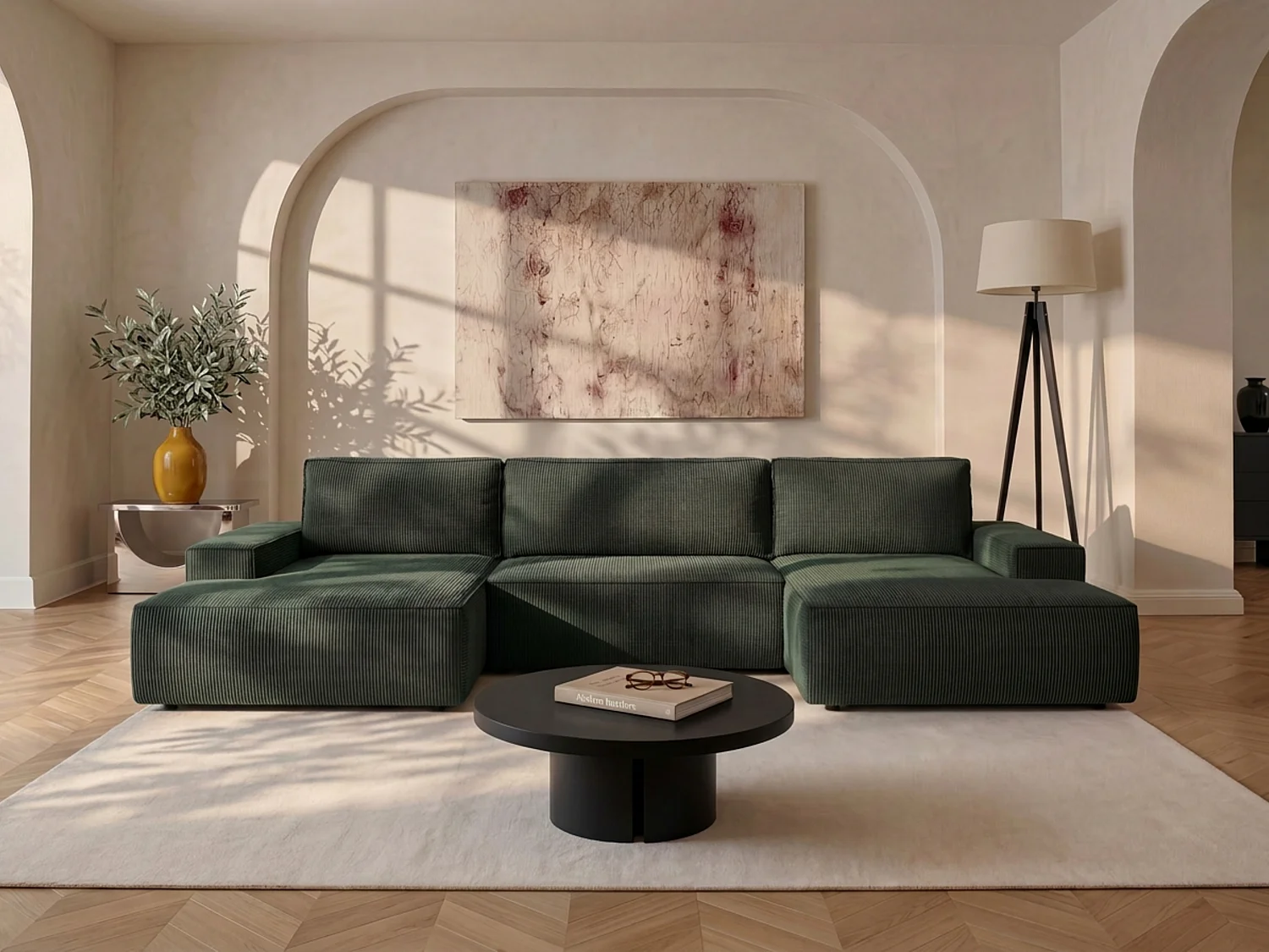 Große Wohnlandschaft mit Schlaffunktion - Cord - Tannengrün - AMELIA