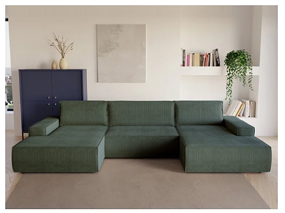 Große Wohnlandschaft mit Schlaffunktion - Cord - Tannengrün - AMELIA