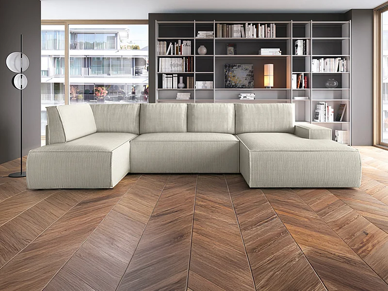 Große Wohnlandschaft - Ecke rechts - Mit Schlaffunktion - Cord - Beige - AMELIA