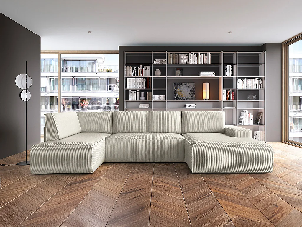 Große Wohnlandschaft - Ecke rechts - Mit Schlaffunktion - Cord - Beige - AMELIA
