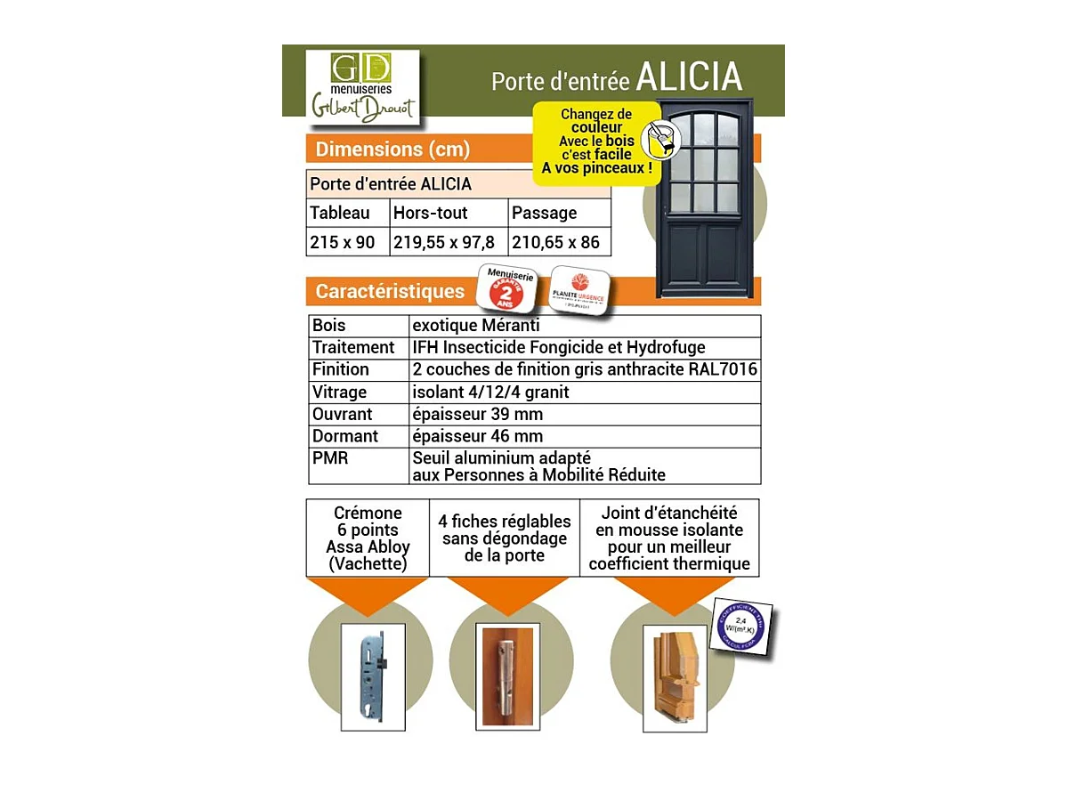 Porte d'entree Bois vitree, Alicia, gris RAL7016, H,215xl,90  p,gauche Cote Tableau