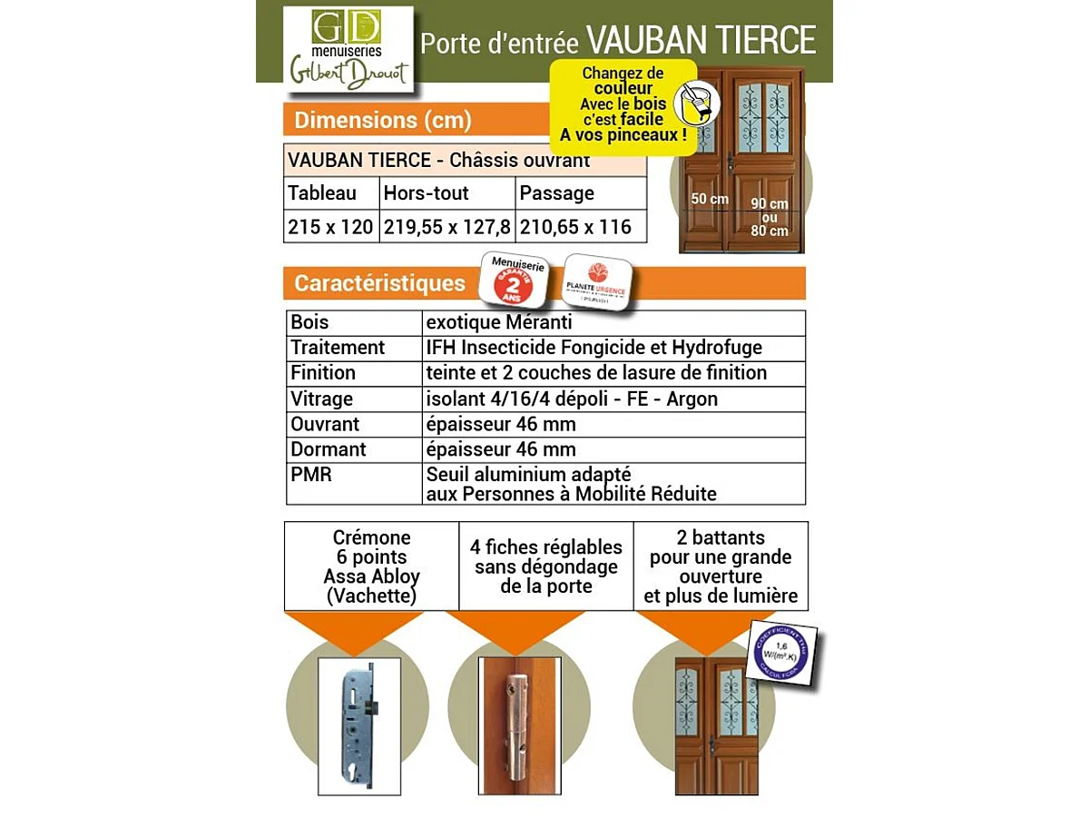 Porte D'entrée Bois Tiercée Vitrée Vauban H.215 X L.120 Côte Tableau P.droit Gd Menuiseries