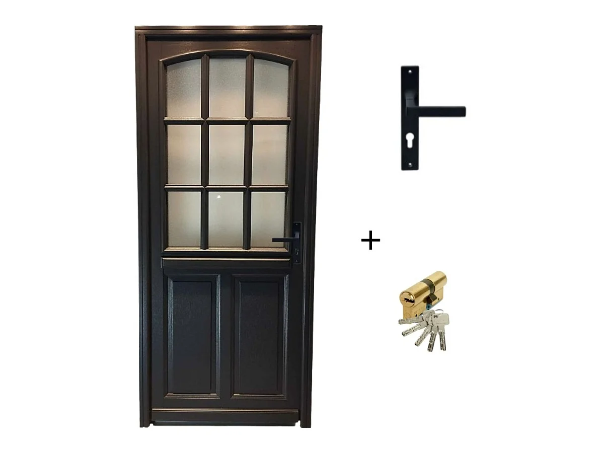 Porte D'Entrée Bois Vitrée, Alicia, Gris Ral7016, H,215Xl,90 P,Gauche Cote Tableau + Poignée Et Barillet ( Ref 010723No)