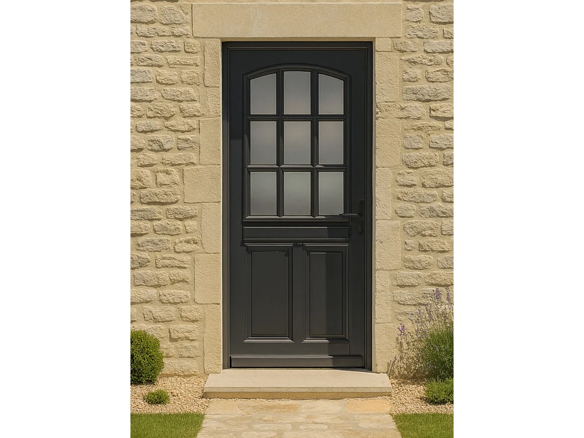 Porte D'Entrée Bois Vitrée, Alicia, Gris Ral7016, H,215Xl,90 P,Gauche Cote Tableau + Poignée Et Barillet ( Ref 010723No)