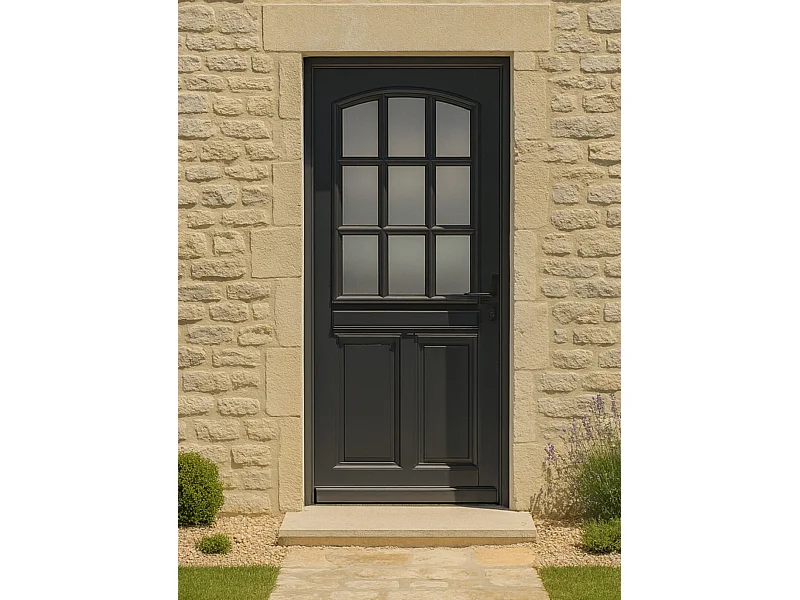 Porte D'Entrée Bois Vitrée, Alicia, Gris Ral7016, H,215Xl,90 P,Gauche Cote Tableau + Poignée Et Barillet ( Ref 010723No)