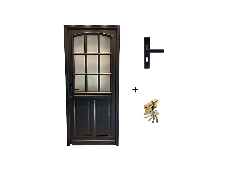 Porte d'entree Bois vitree, Alicia, gris RAL7016, H,215xl,90 p, droit Cote Tableau + Poignee Et Barillet( ref 010723NO)