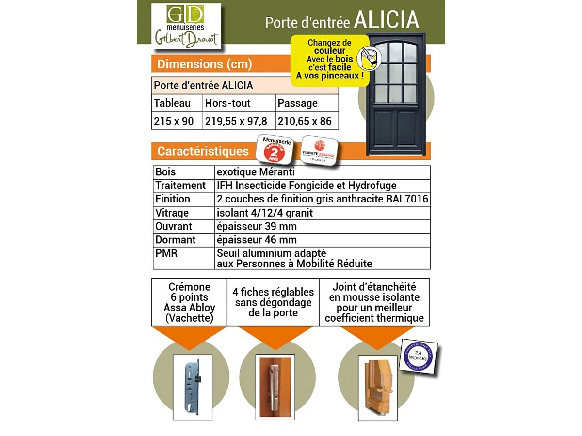 Porte d'entree Bois vitree, Alicia, gris RAL7016, H,215xl,90 p, droit Cote Tableau + Poignee Et Barillet( ref 010723NO)