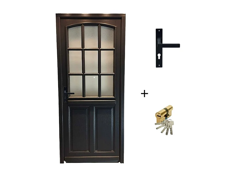 Porte d'entree Bois vitree, Alicia, gris RAL7016, H,215xl,90 p, droit Cote Tableau + Poignee Et Barillet( ref 010723NO)