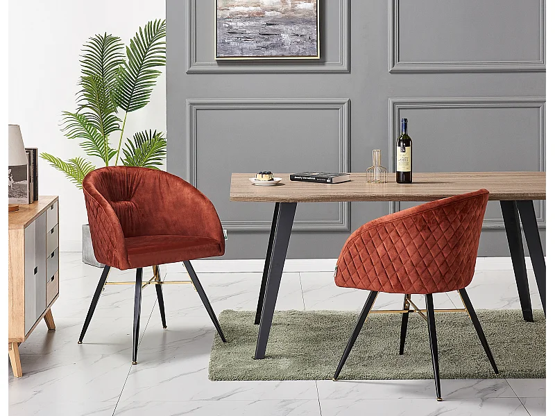 VITTORIO - Lot de 2 Fauteuils Chaises de Salle à Manger en Velours - Pieds Noirs et Dorés en Acier Inoxydable - Terracotta