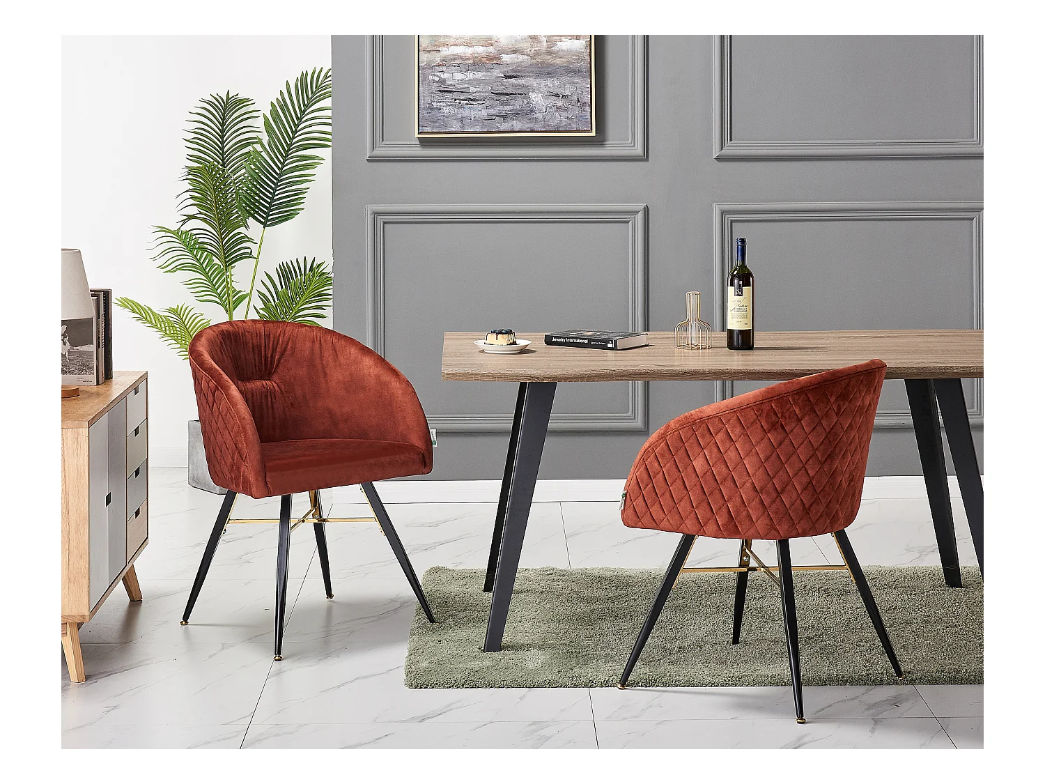 VITTORIO - Lot de 2 Fauteuils Chaises de Salle à Manger en Velours - Pieds Noirs et Dorés en Acier Inoxydable - Terracotta