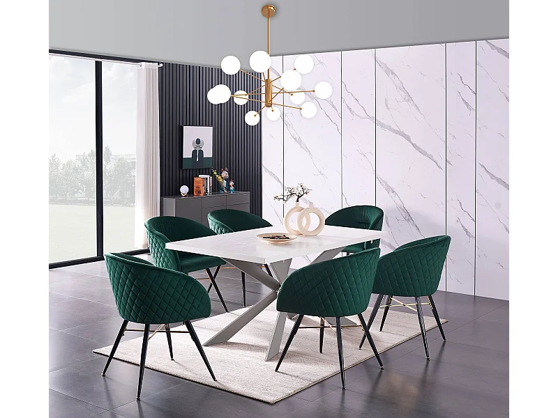 VITTORIO - Lot de 6 Fauteuils Chaises de Salle à Manger en Velours - Pieds Noirs et Dorés en Acier Inoxydable - Vert