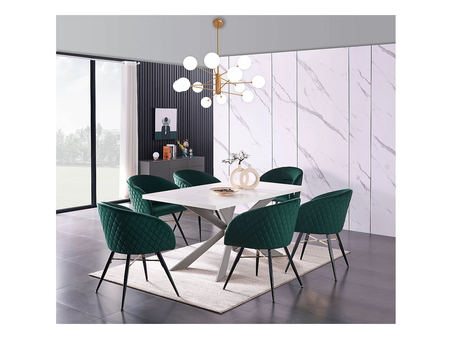 VITTORIO - Lot de 6 Fauteuils Chaises de Salle à Manger en Velours - Pieds Noirs et Dorés en Acier Inoxydable - Vert