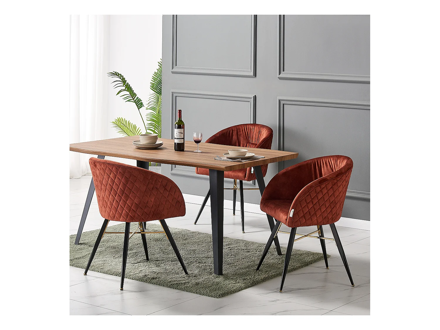 VITTORIO - Lot de 4 Fauteuils Chaises de Salle à Manger en Velours - Pieds Noirs et Dorés en Acier Inoxydable - Terracotta