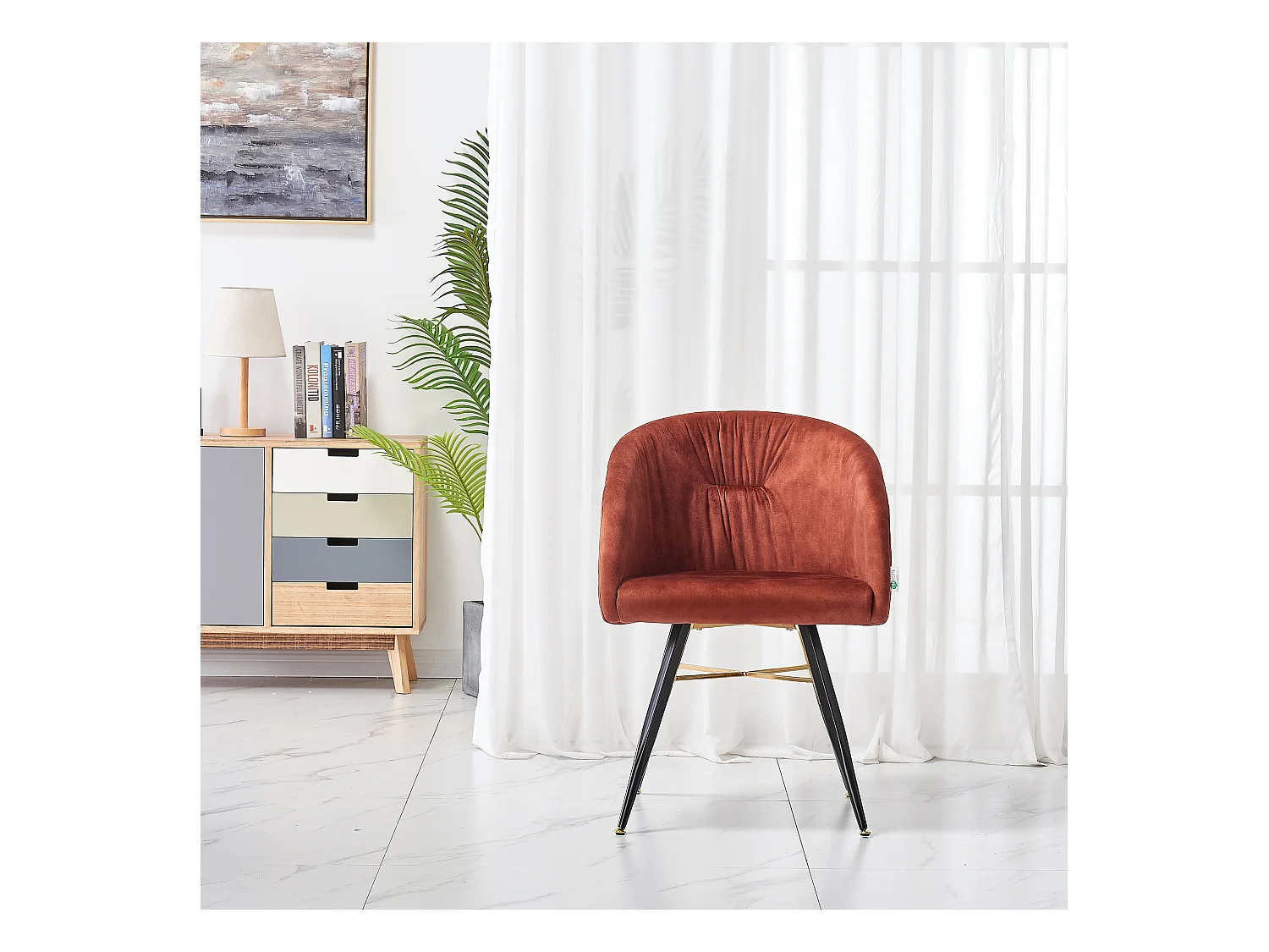 VITTORIO - Lot de 4 Fauteuils Chaises de Salle à Manger en Velours - Pieds Noirs et Dorés en Acier Inoxydable - Terracotta